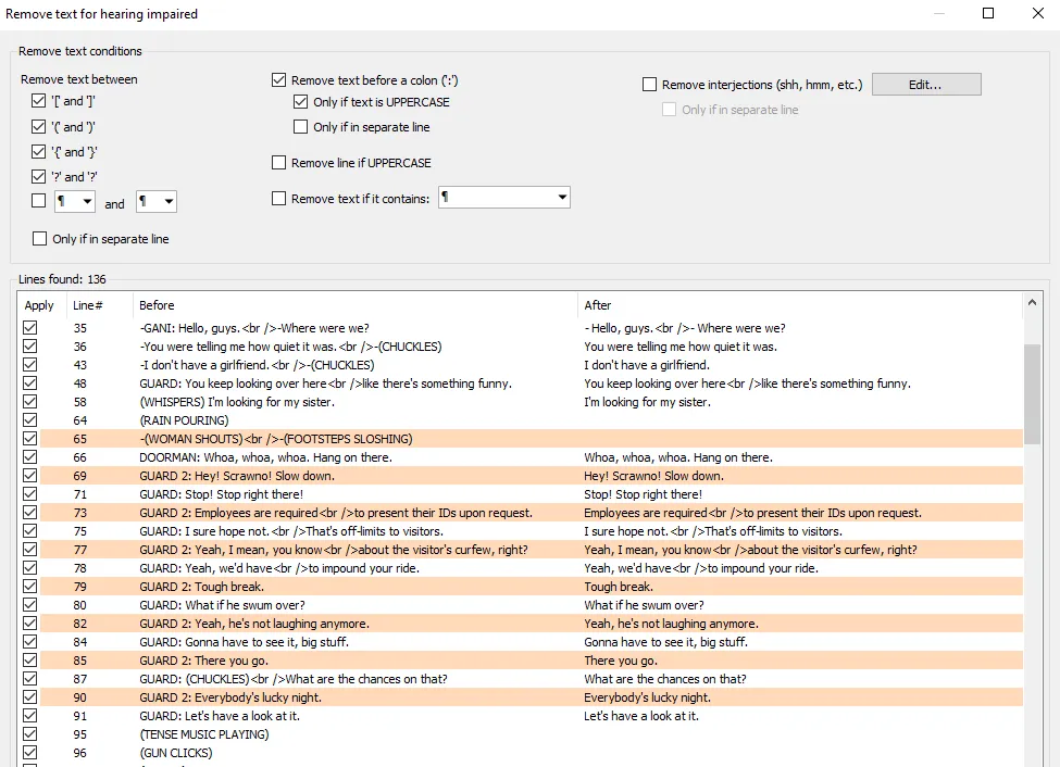 A screenshot of Subtitle Edit's 'Remove text for the hearing impaired' tool