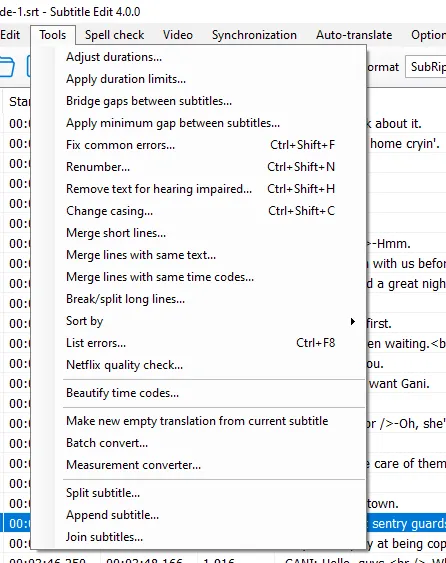 The tools menu in Subtitle Edit